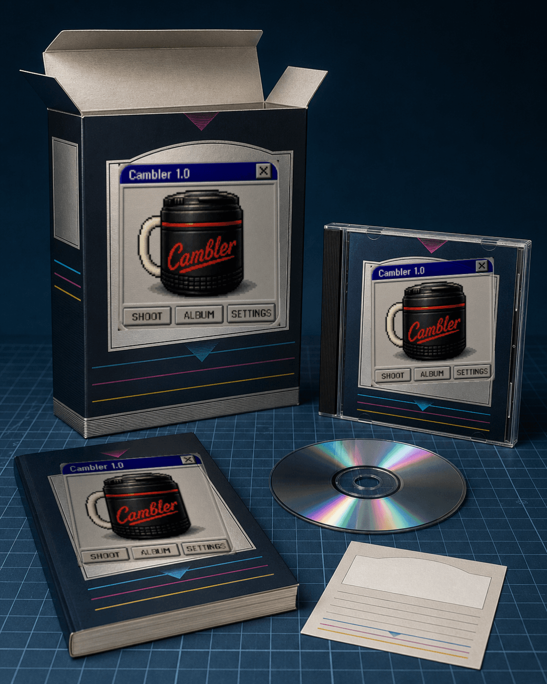 Cambler boxed software kit on a teal cutting mat