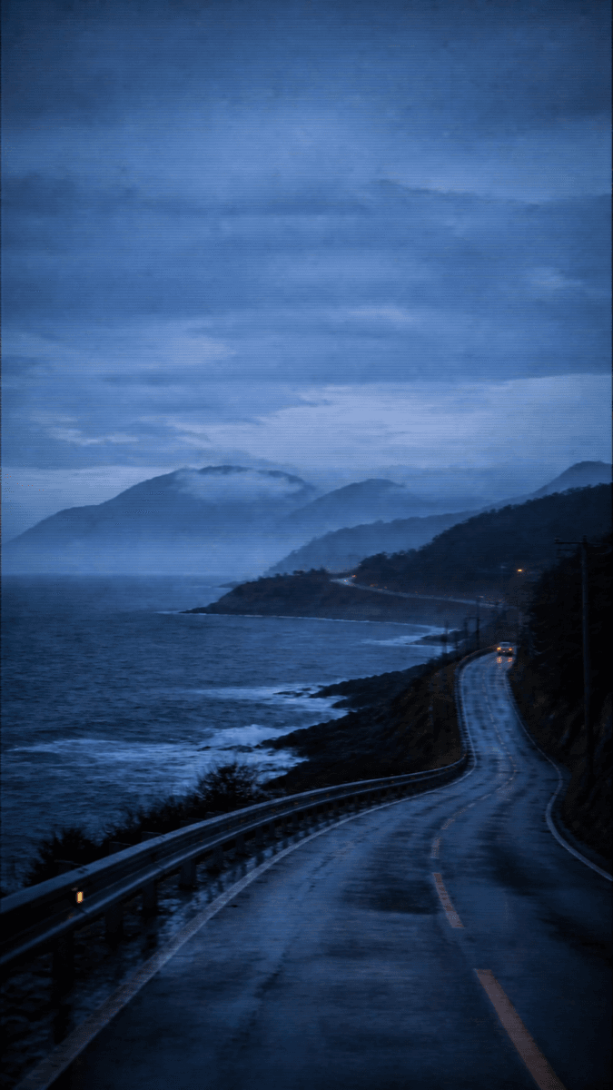 A coastal highway curving along the shore at dusk — Y2K look